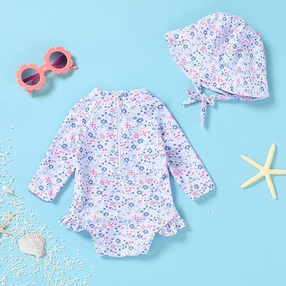 NEW Choose Infant Girls Size Floral Print UV Protection 1 Pc Outfit & Cap Set - Picture 2 of 6